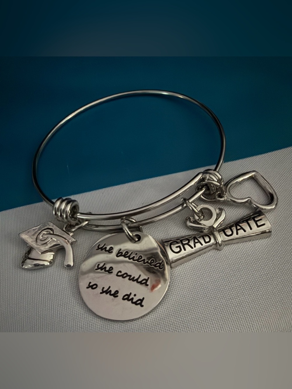 Silver Tone 'She Believed She Could' Graduation Charm Bangle